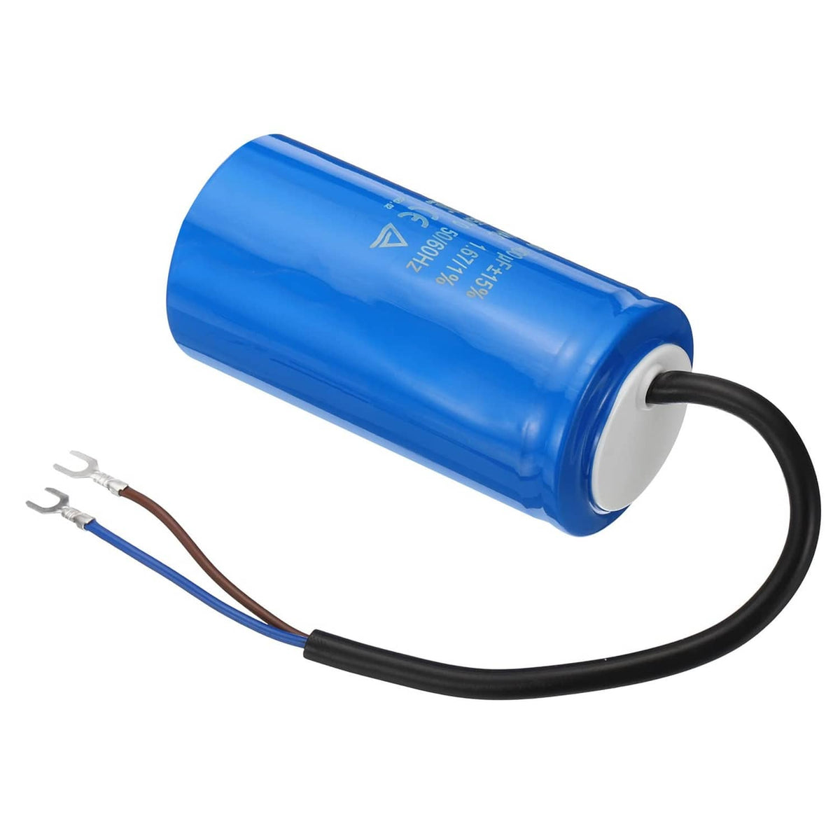 Blue cylindrical run capacitor with black loop cable and two wire terminals