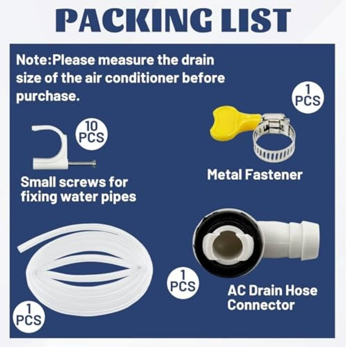 AC drain hose kit set with clear hose, white connector, metal fastener, small screws