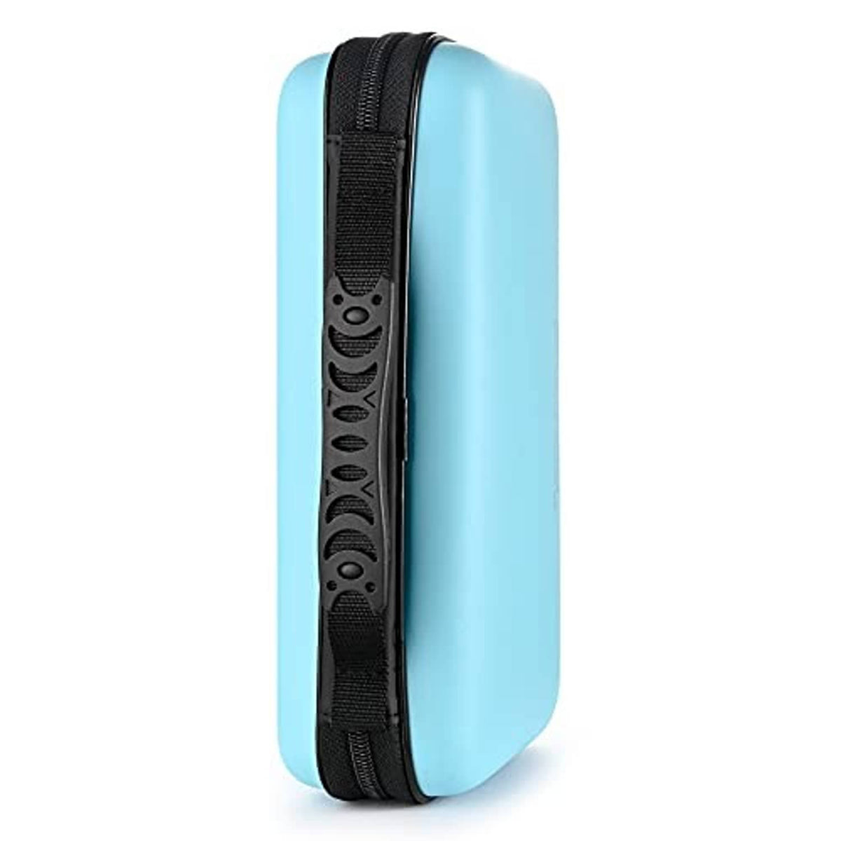 Sky blue hard EVA DVD/CD case side view with black carrying strap