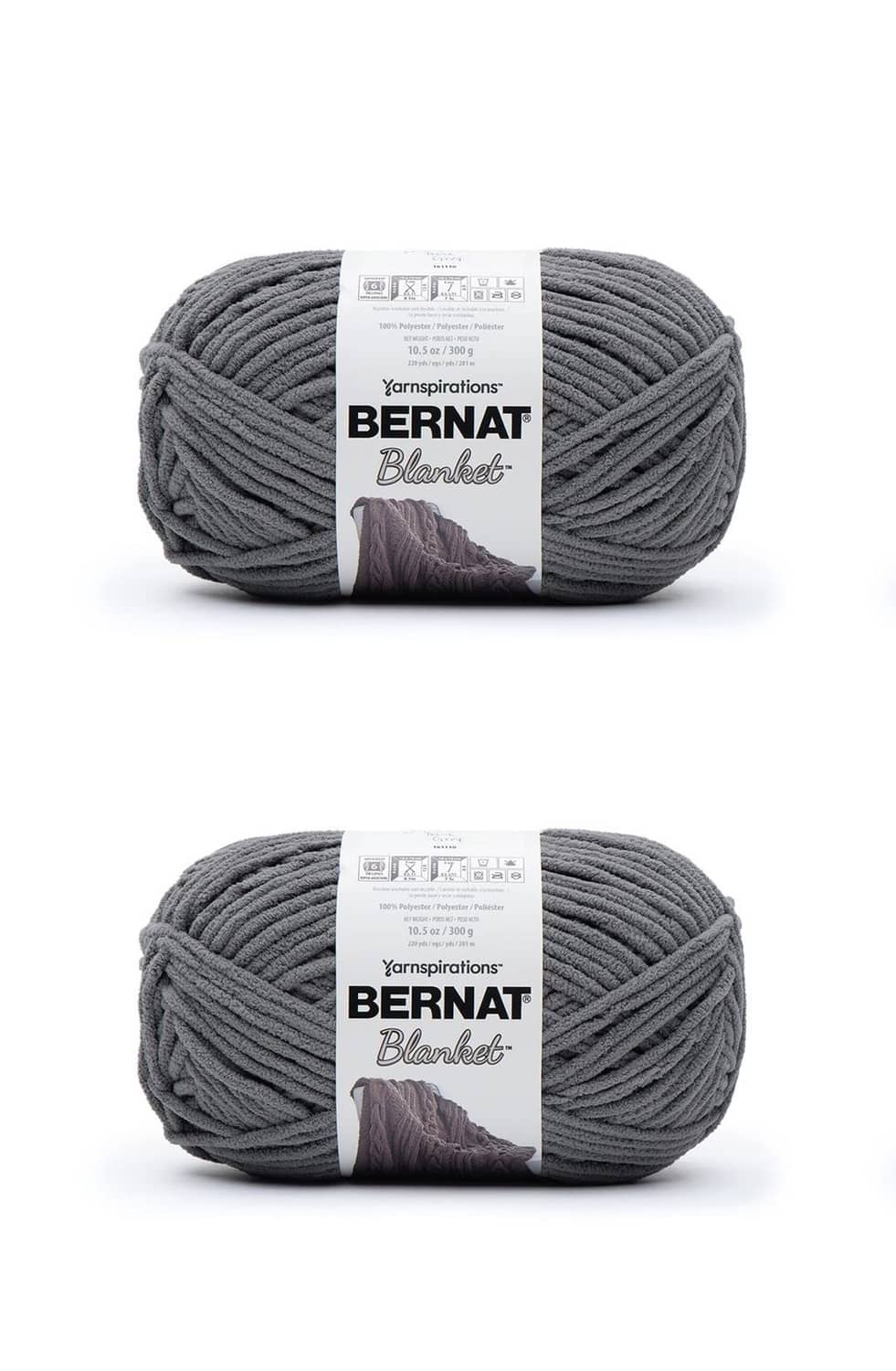 Super bulky blanket yarn skein, dark gray; two wrapped balls shown together