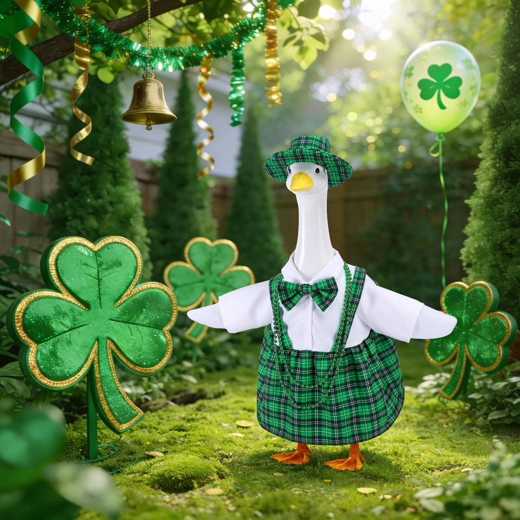 Goose decoration wearing green plaid dress with white shirt and bow tie, plaid hat