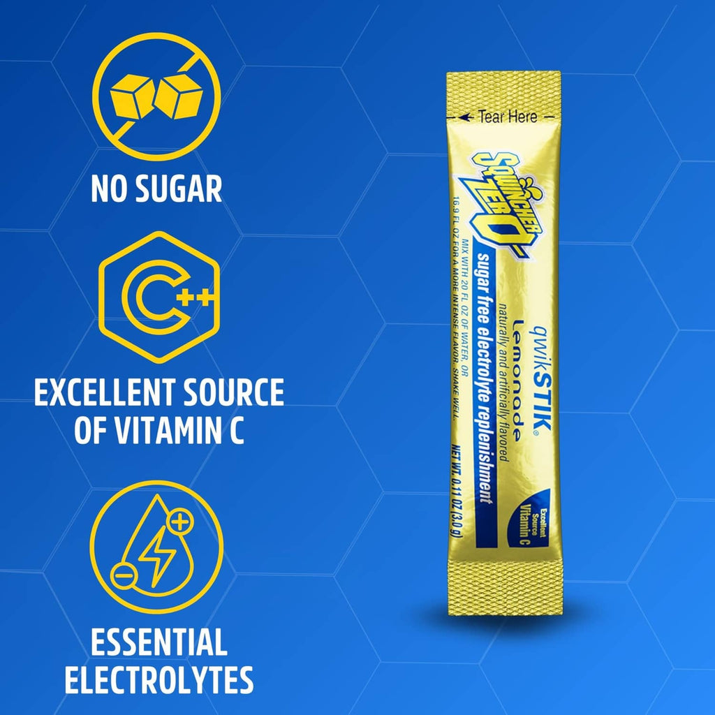 Single lemonade electrolyte stick sachet, yellow foil with no-sugar icon