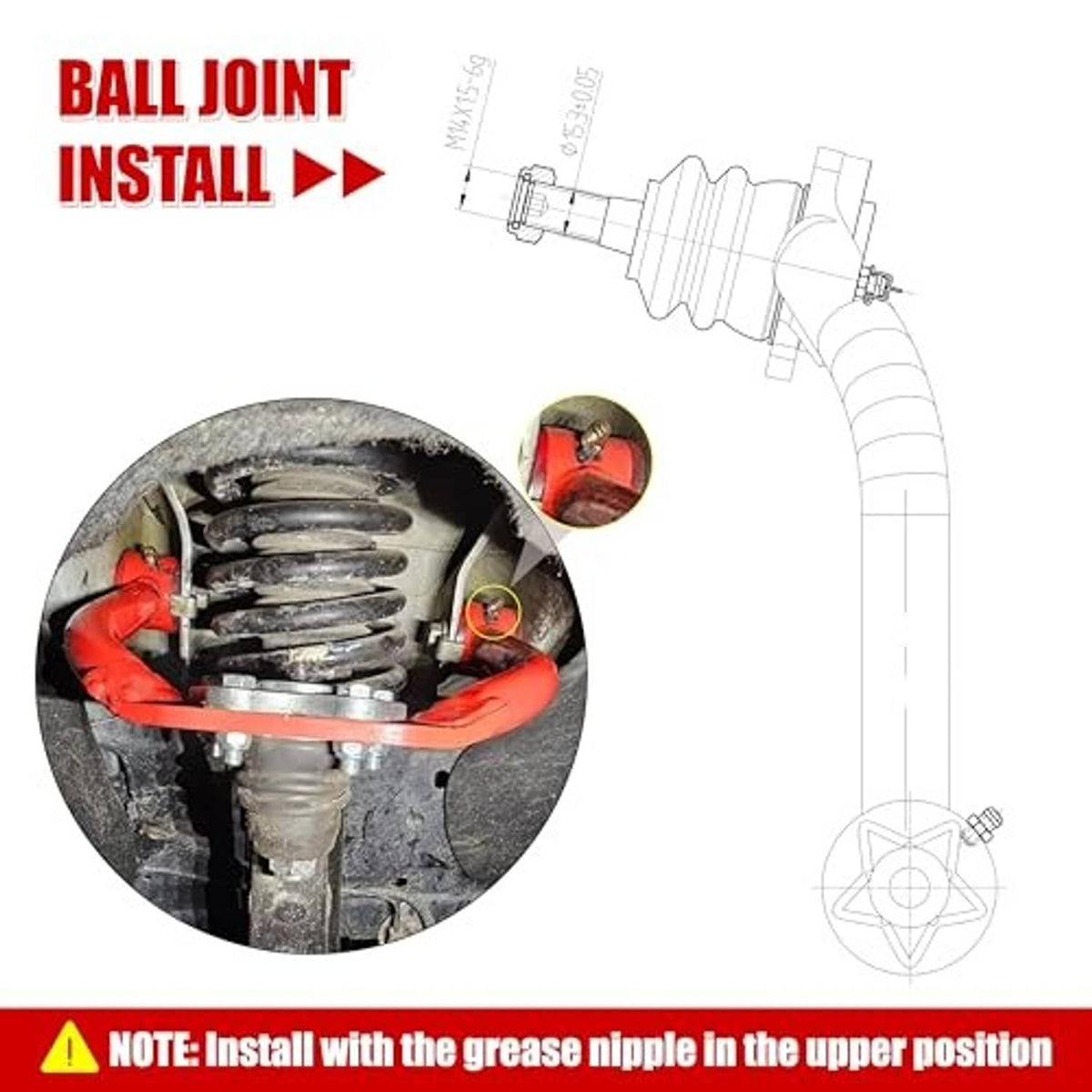 Ball joint installation diagram showing red control arm and suspension cutaway