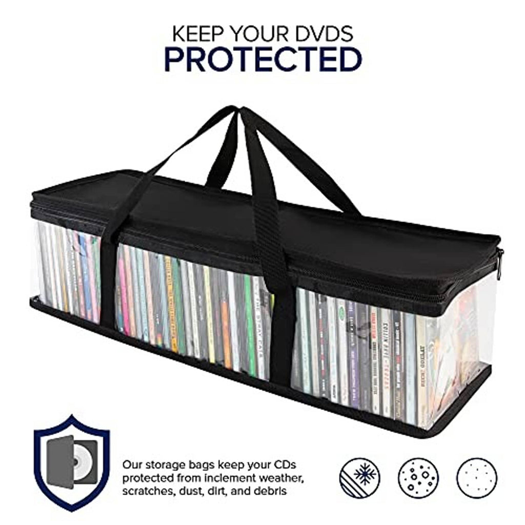 Clear PVC CD storage bag with black reinforced stitching and full-length zipper