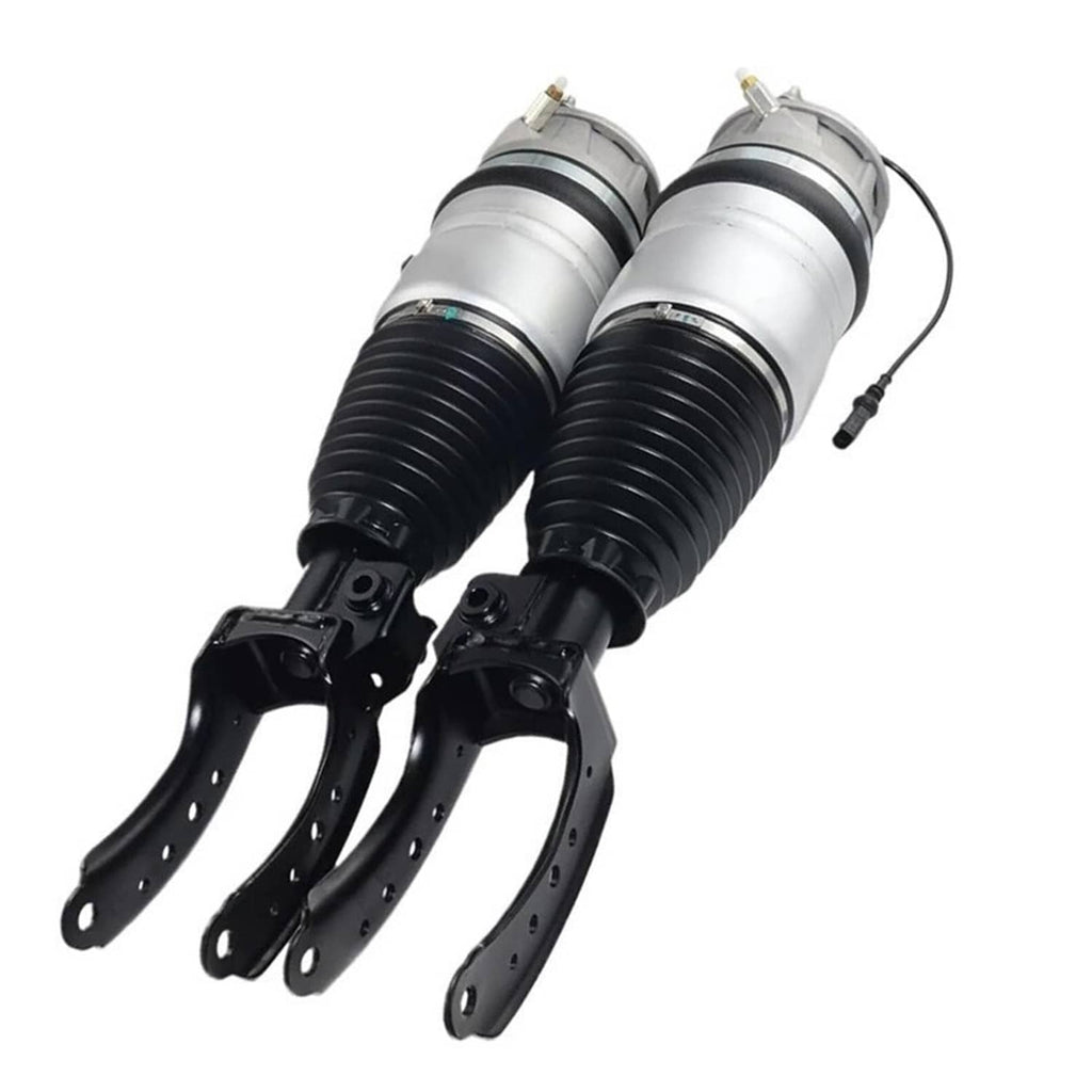 Front air suspension strut set with silver cylinders, black bellows, and lower control brackets