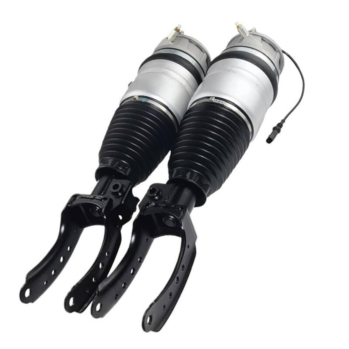 Front air suspension strut set with silver cylinders, black bellows, and lower control brackets