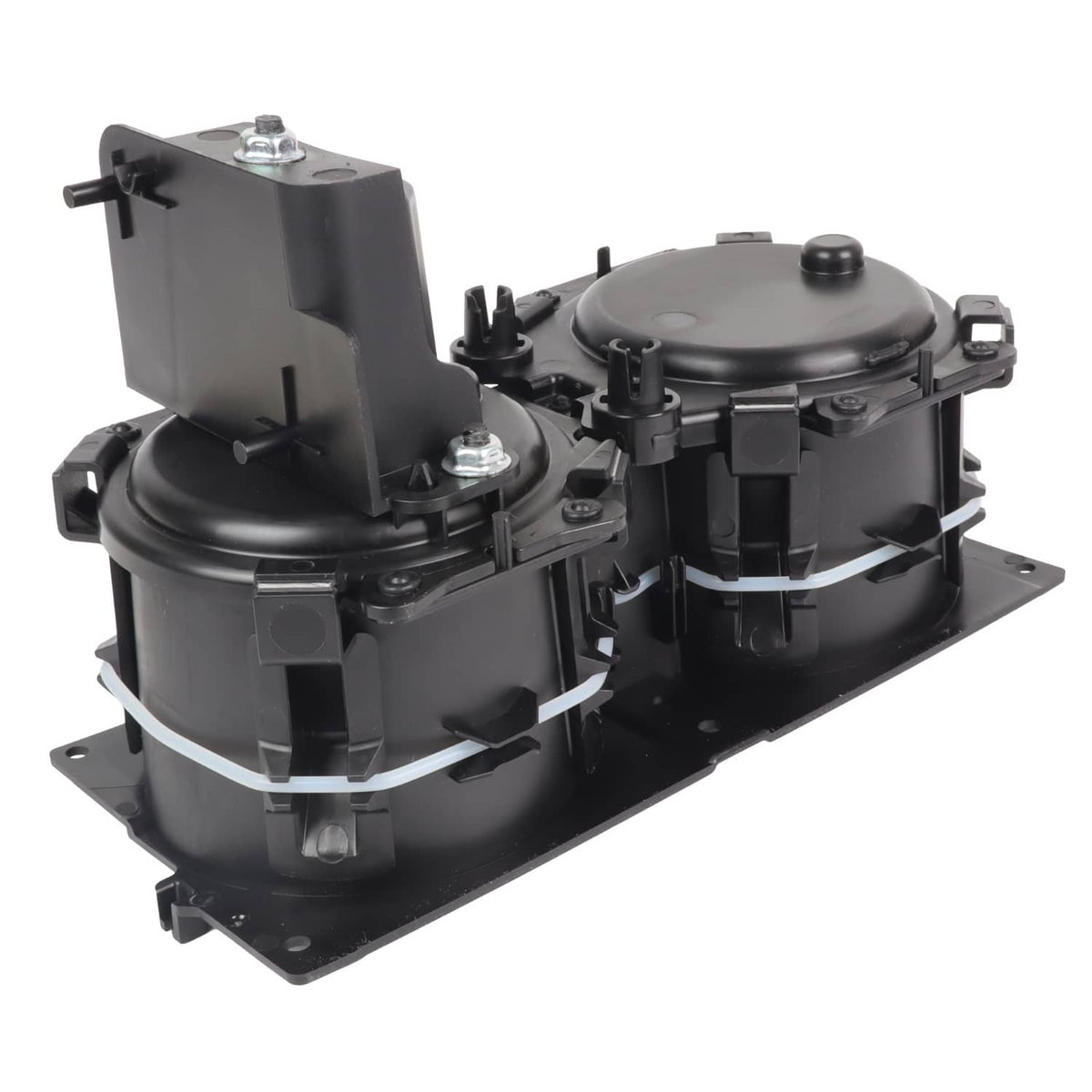 Black front console dual cup holder unit with protective covers and fasteners