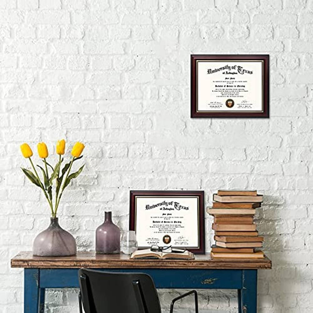 Small cherry wood certificate diploma frame with gold trim displayed on a tabletop