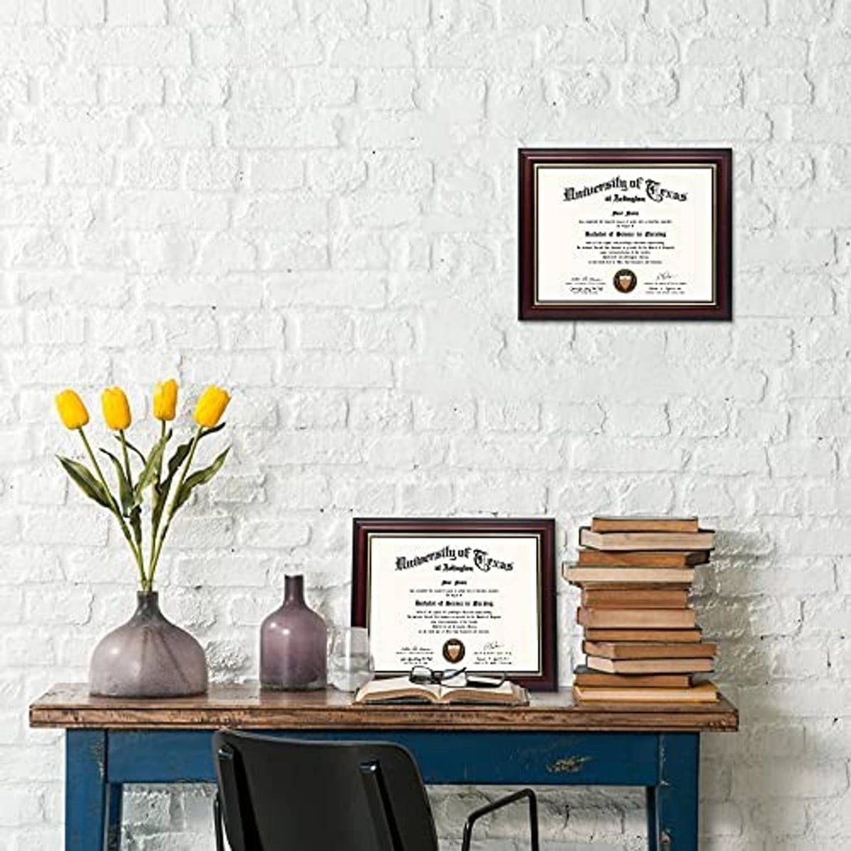Small cherry wood certificate diploma frame with gold trim displayed on a tabletop