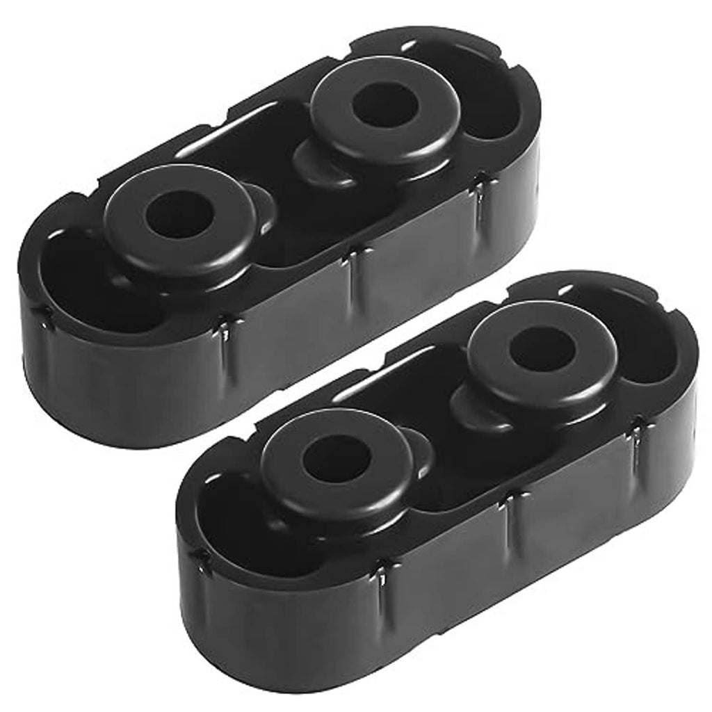 Two black exhaust muffler hanger insulators with side openings and circular holes