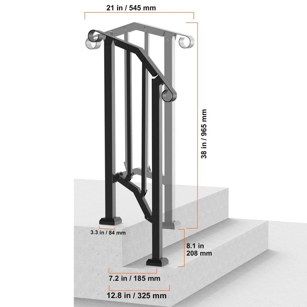 Black step handrail placed on two stair steps with rounded-top grip.
