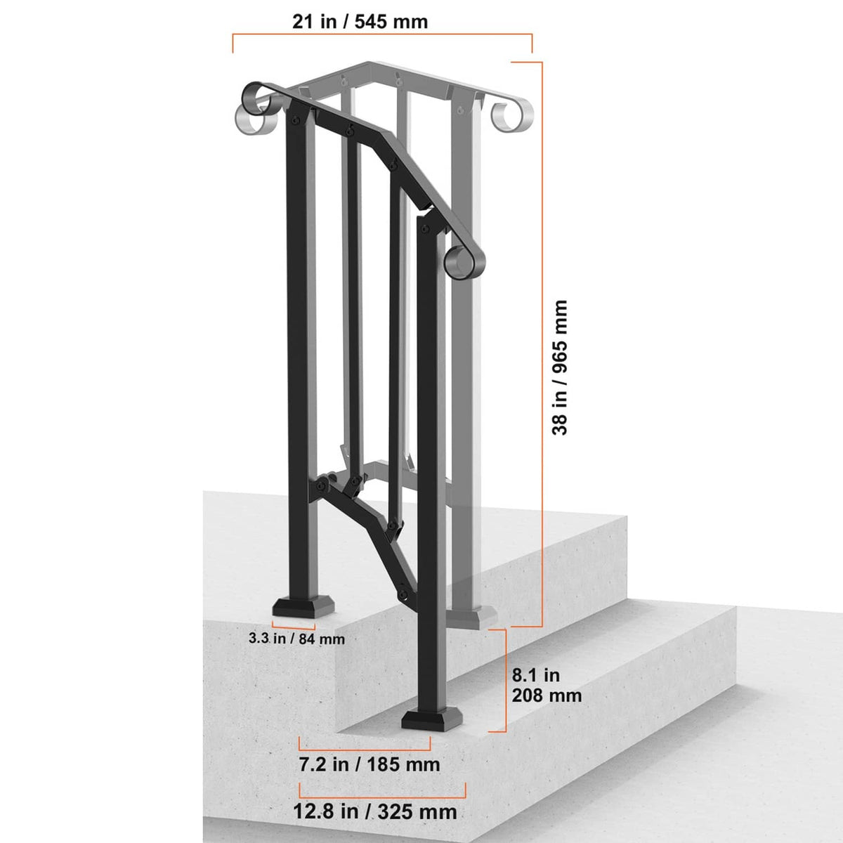 Black step handrail placed on two stair steps with rounded-top grip.