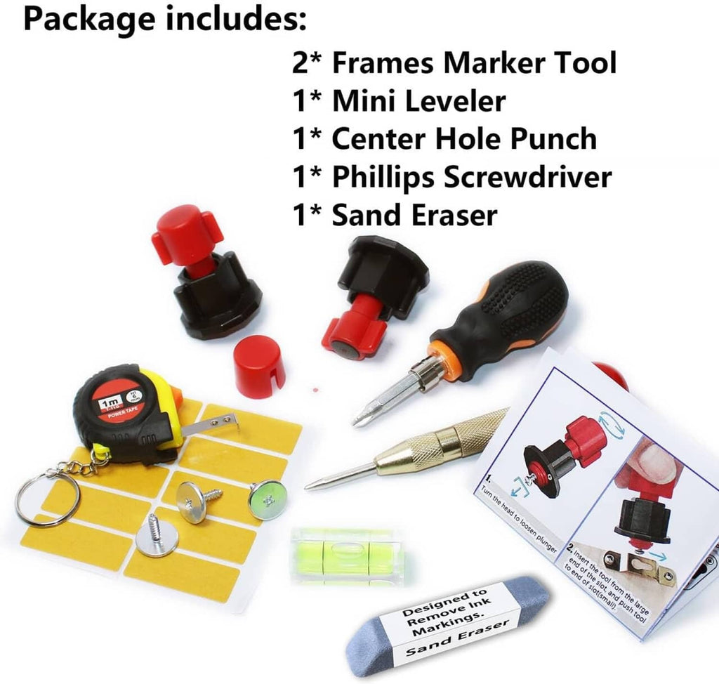 Picture hanging kit contents: 2 frames marker tools, mini level, punch and tools