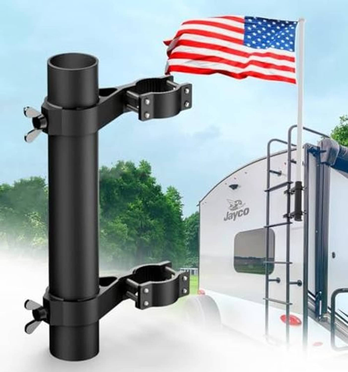 Black flag pole holder with ladder clamps and side support arms for secure mounting
