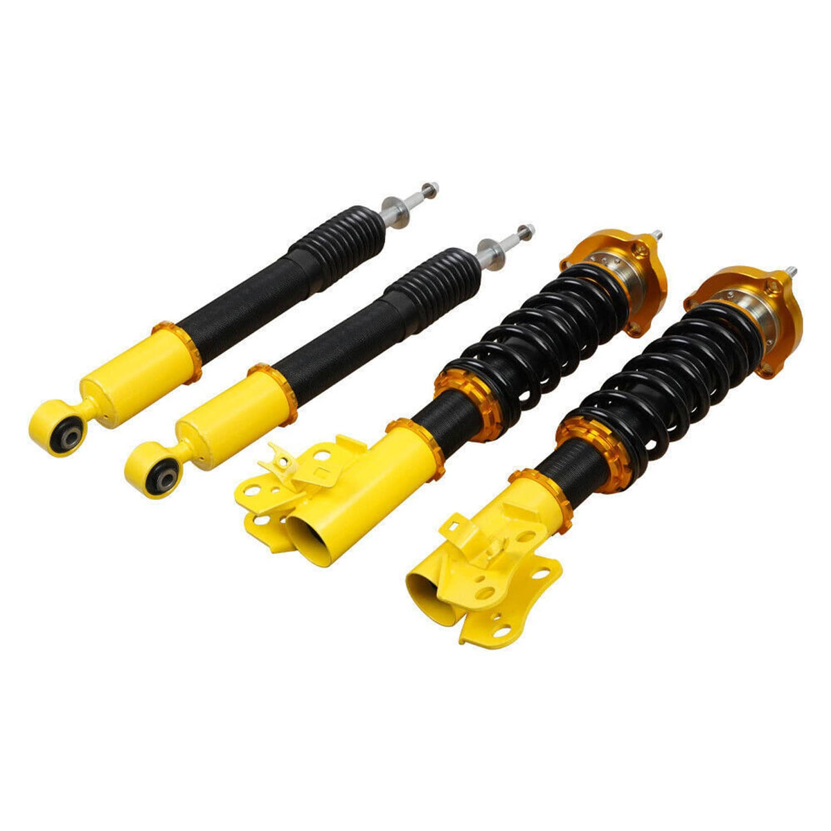 Coilover shock set with yellow mounting brackets and black springs, shown grouped