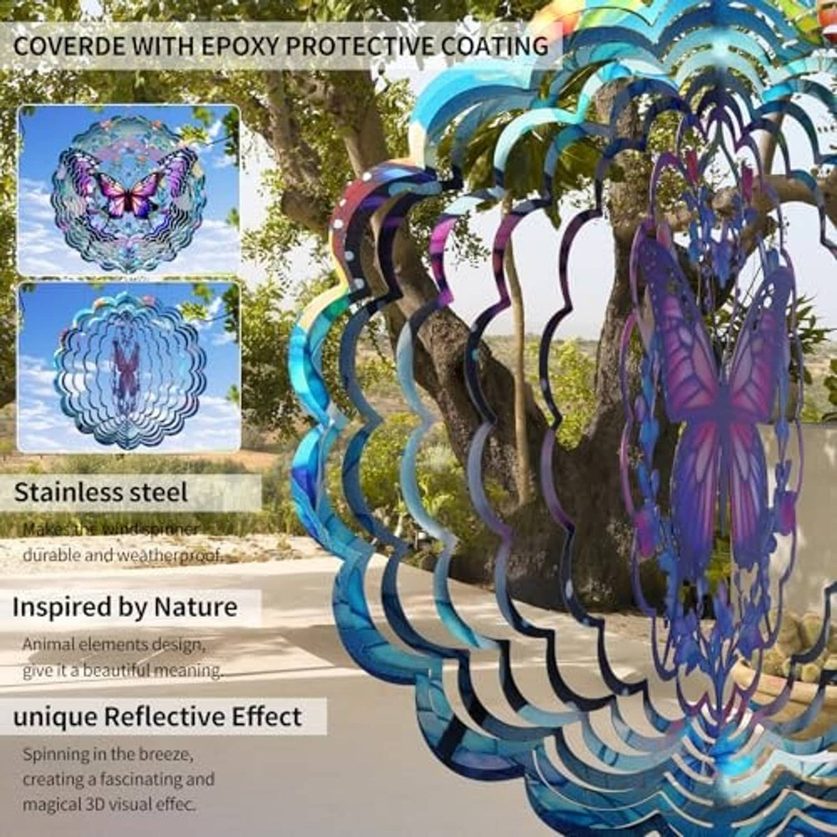 Outdoor butterfly wind spinner with blue scalloped metal blades and purple butterfly