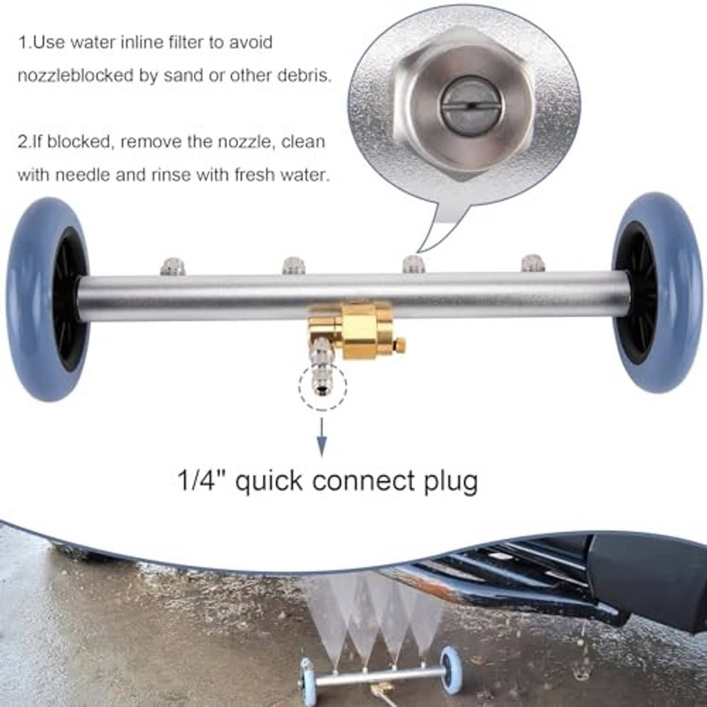 Undercarriage pressure washer attachment with 1/4 in quick-connect plug and filter nozzle