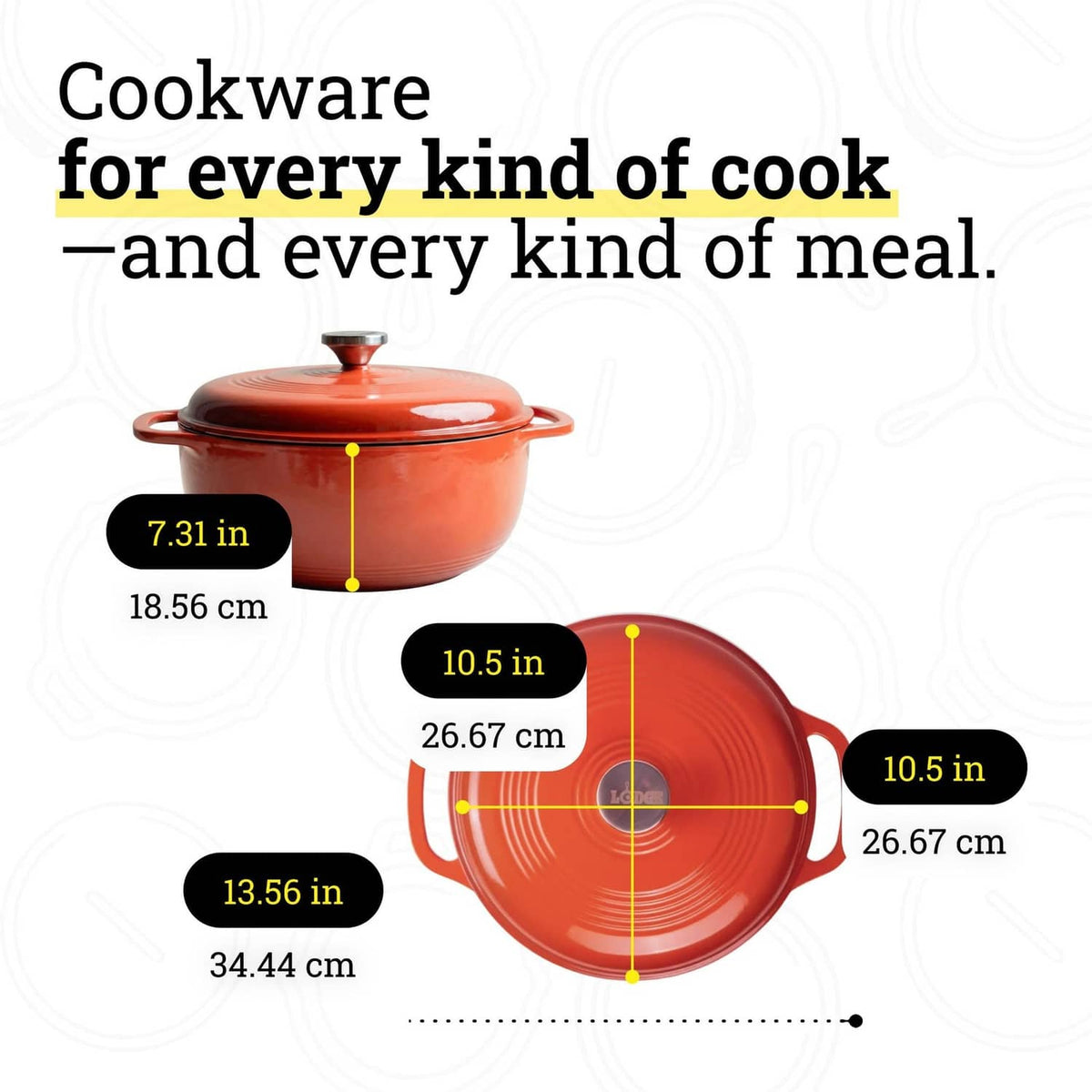 Red Dutch oven diagram with lid and handles, with dimension markers