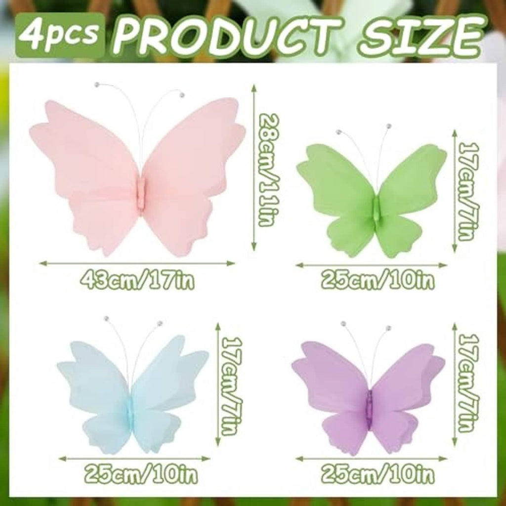 Set of four 3D butterflies with wire antennae in pale pink, green, blue, and purple