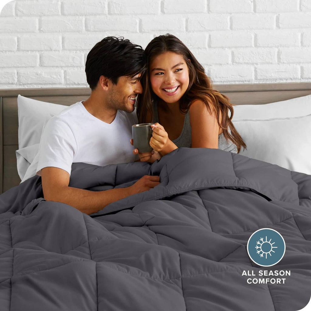 Grey comforter set with two pillow shams, plush quilted baffles