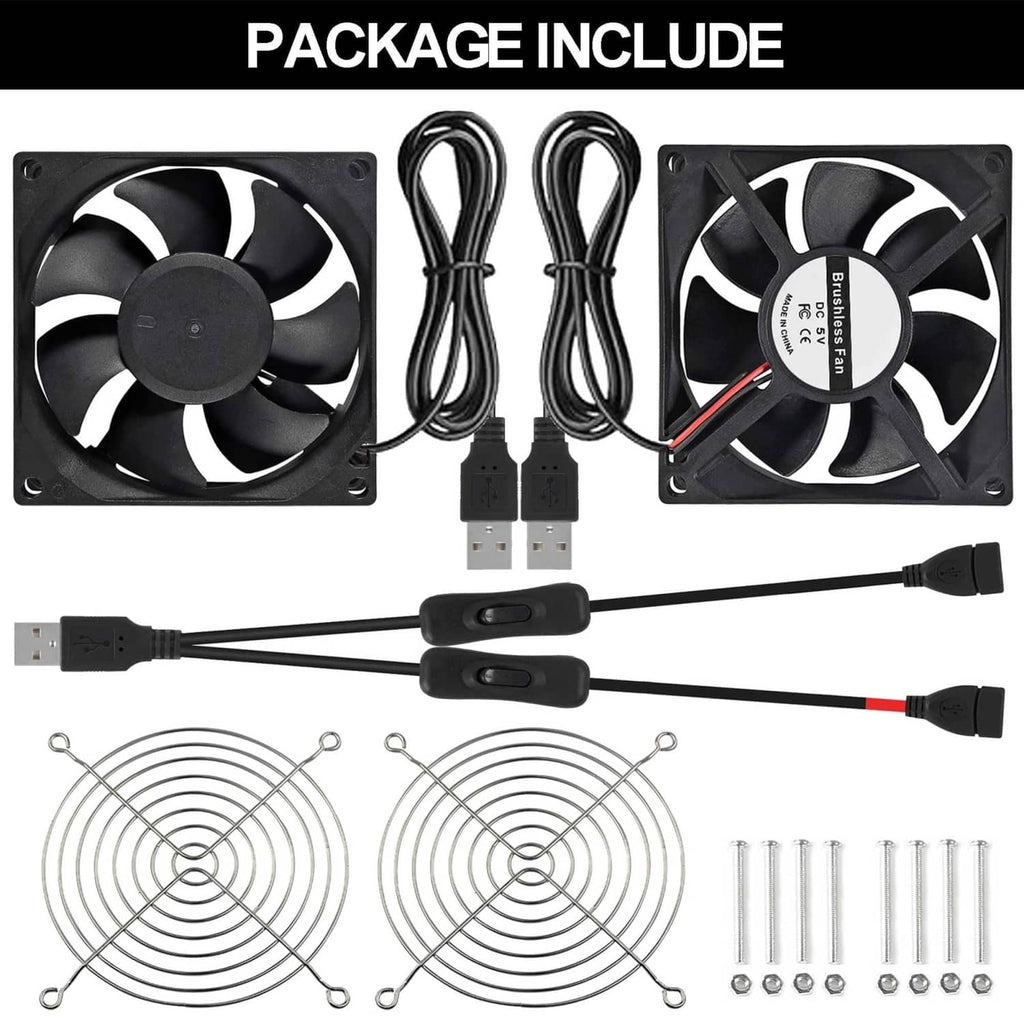2-pack 80mm USB cooling fans bundle with wire grills, cables, screws and two switches