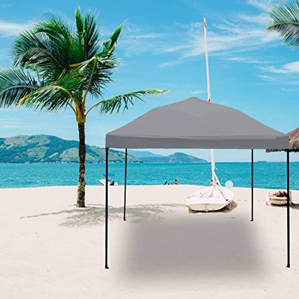 Gray pop-up canopy top with open sides on metal frame