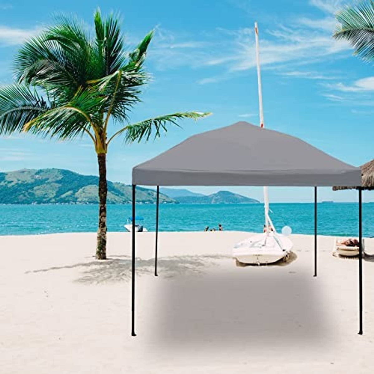 Gray pop-up canopy top with open sides on metal frame