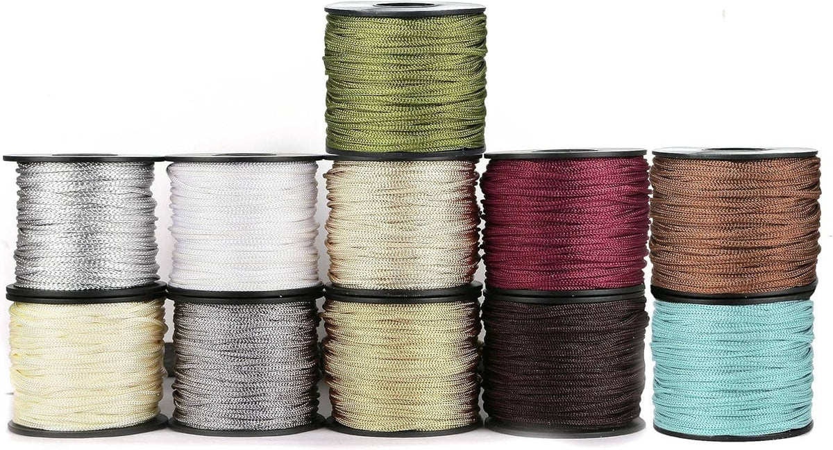 Assorted color braided nylon cord spools, silver white cream burgundy and more