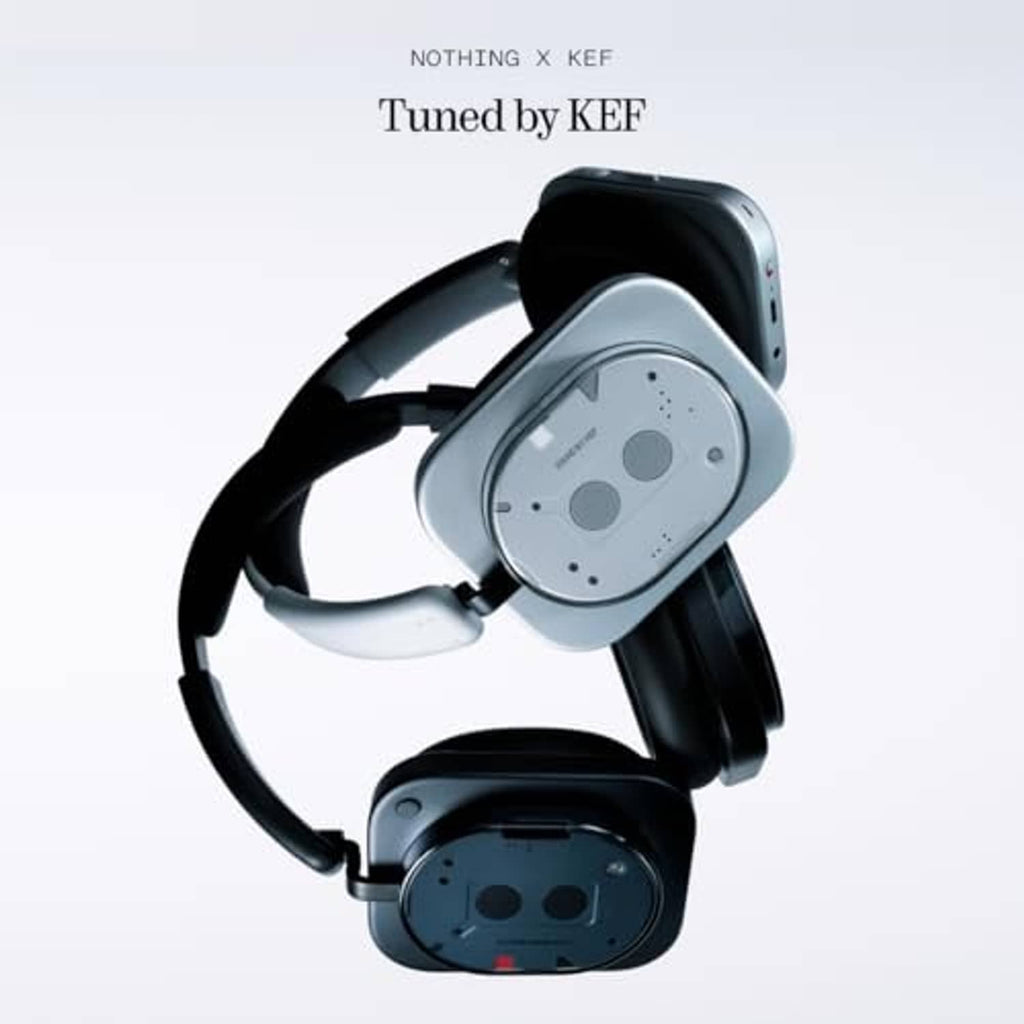 Over-ear headphones with light gray earcup controls and black headband