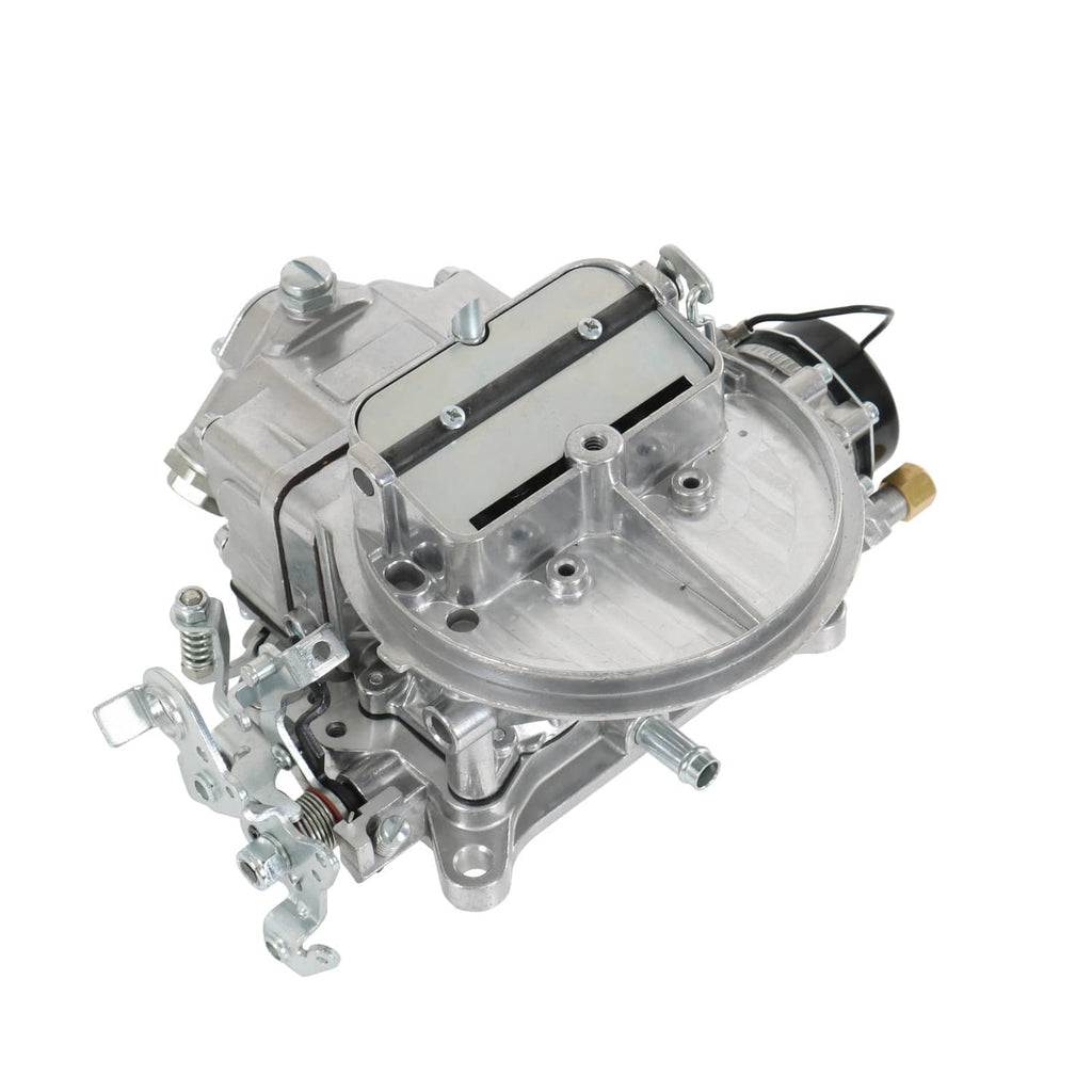 Two-barrel carburetor, angled side view, silver housing with black choke wires