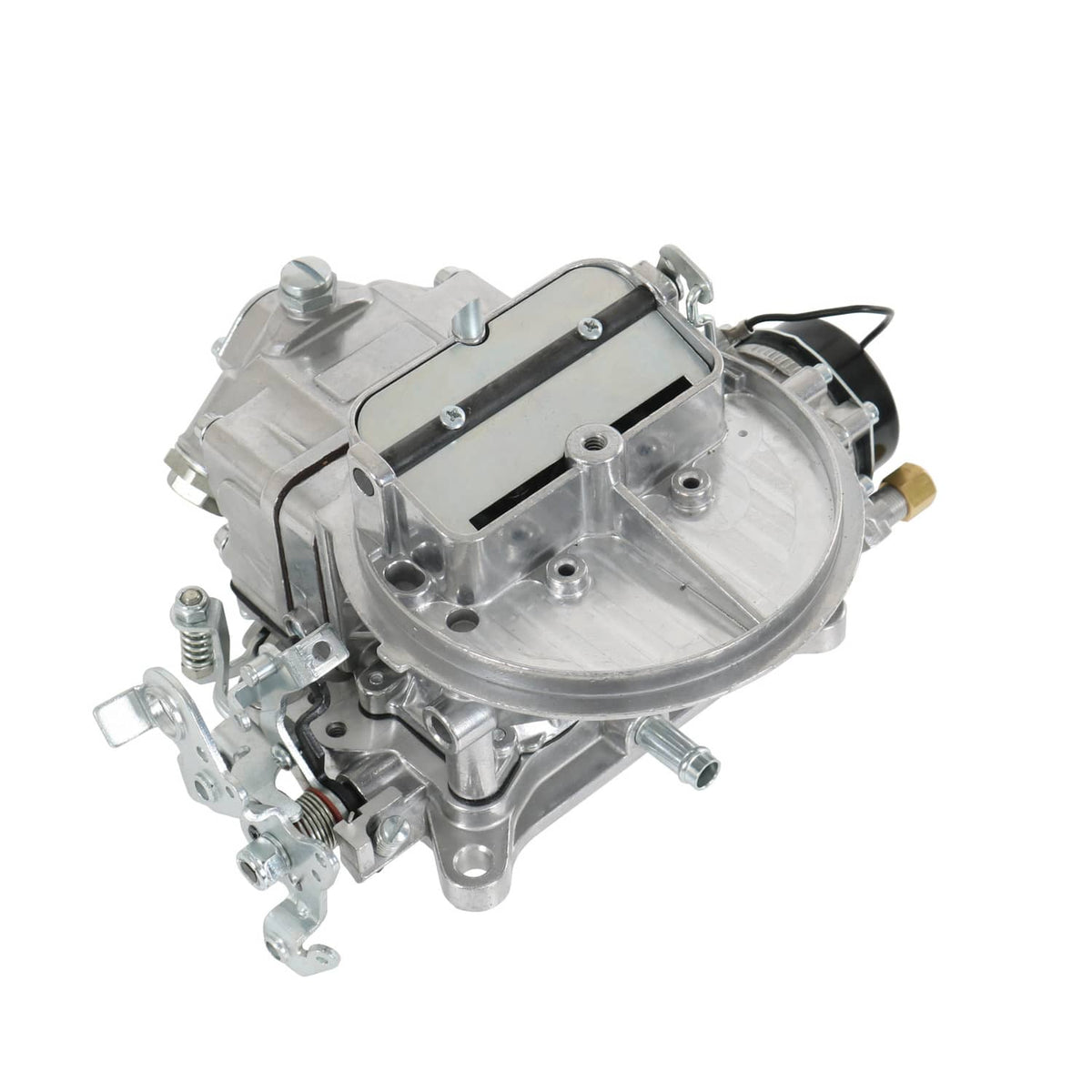 Two-barrel carburetor, angled side view, silver housing with black choke wires