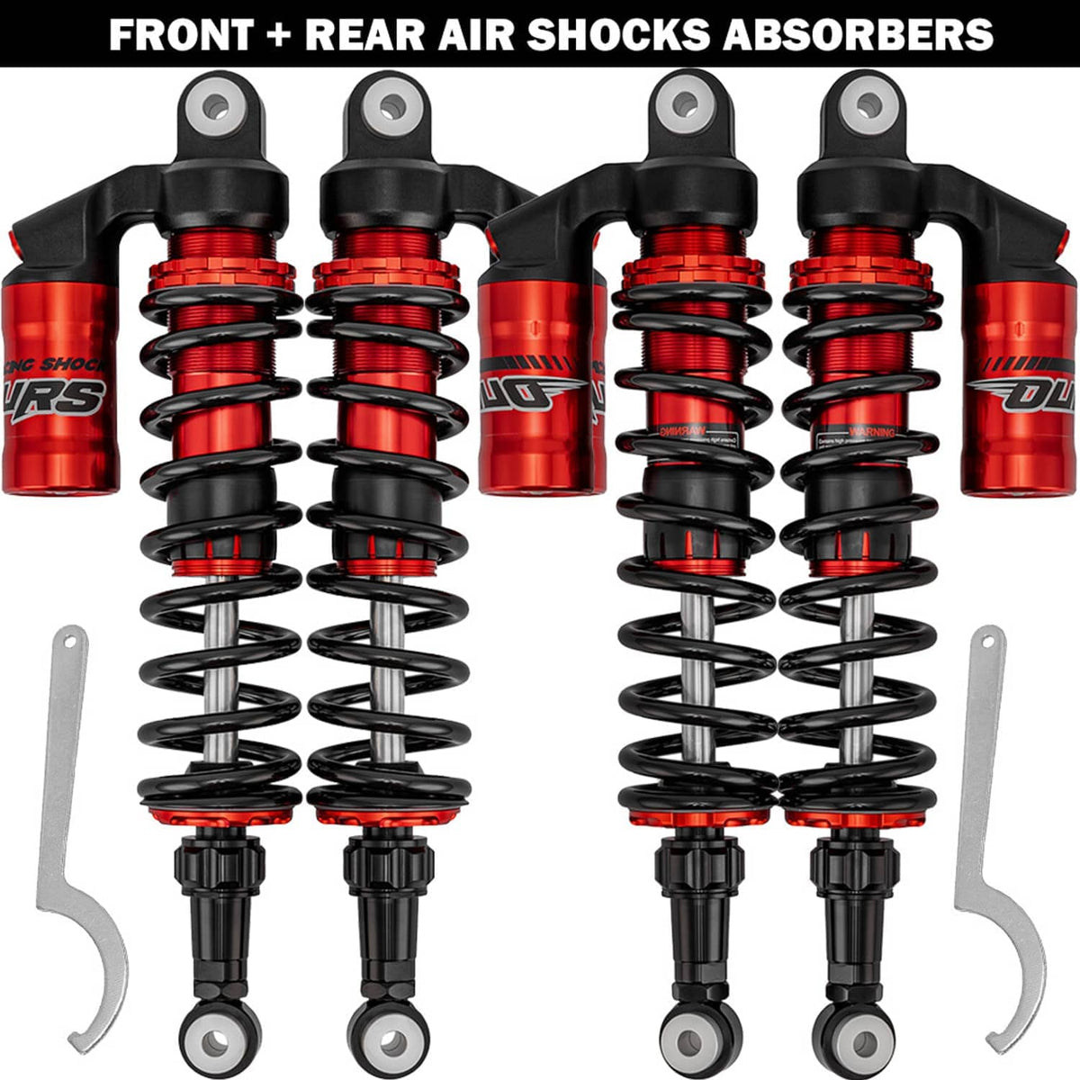 Front and rear air shocks absorbers set with red reservoirs, black springs, and bracket tools