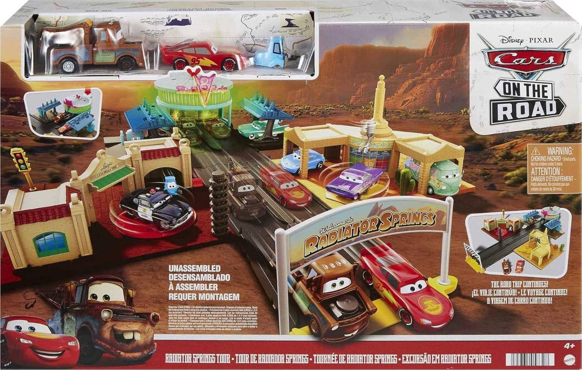 Boxed Cars playset with multiple track pieces, buildings, and two vehicles