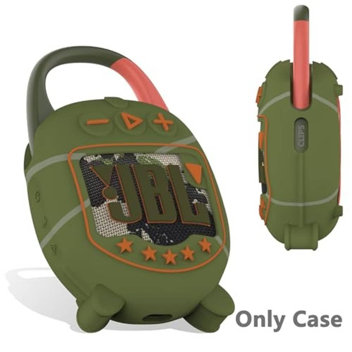 Olive green silicone cover with hard shell front for JBL Clip 5; side view.