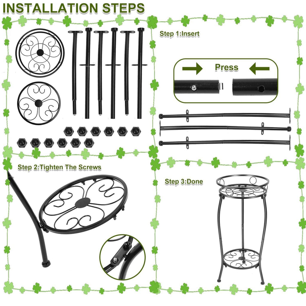 Black 2-tier metal plant stand kit with assembly parts and two round shelves
