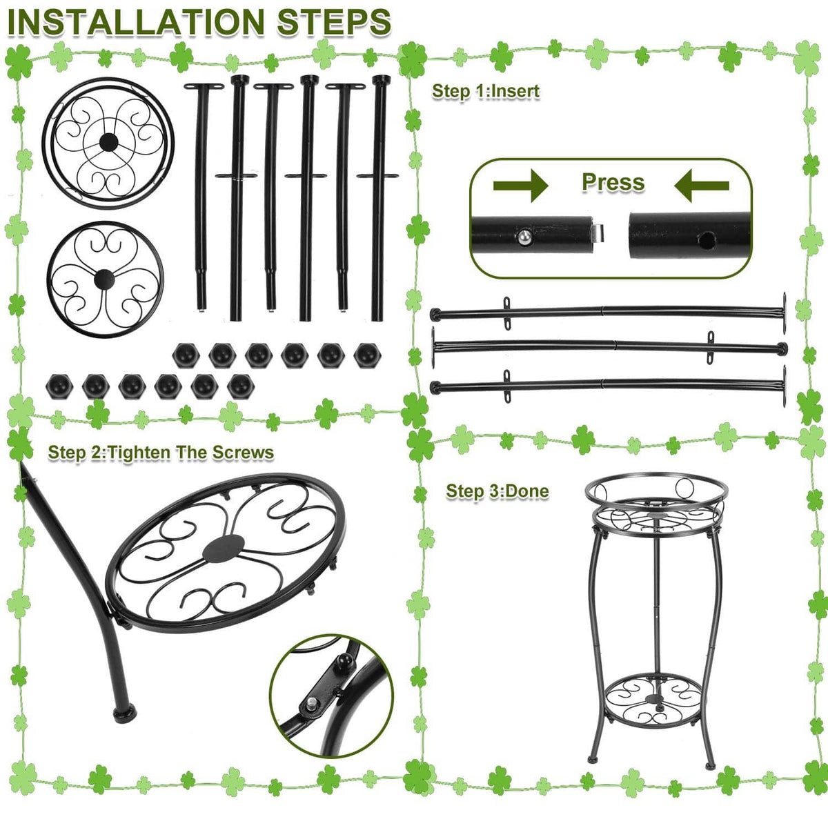 Black 2-tier metal plant stand kit with assembly parts and two round shelves