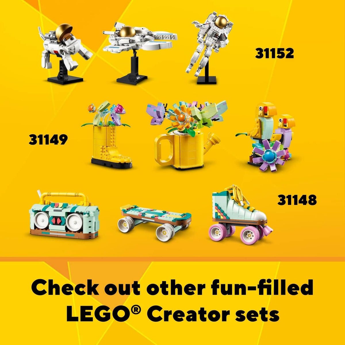 Assorted LEGO Creator models, including camera, astronaut, and vehicle builds