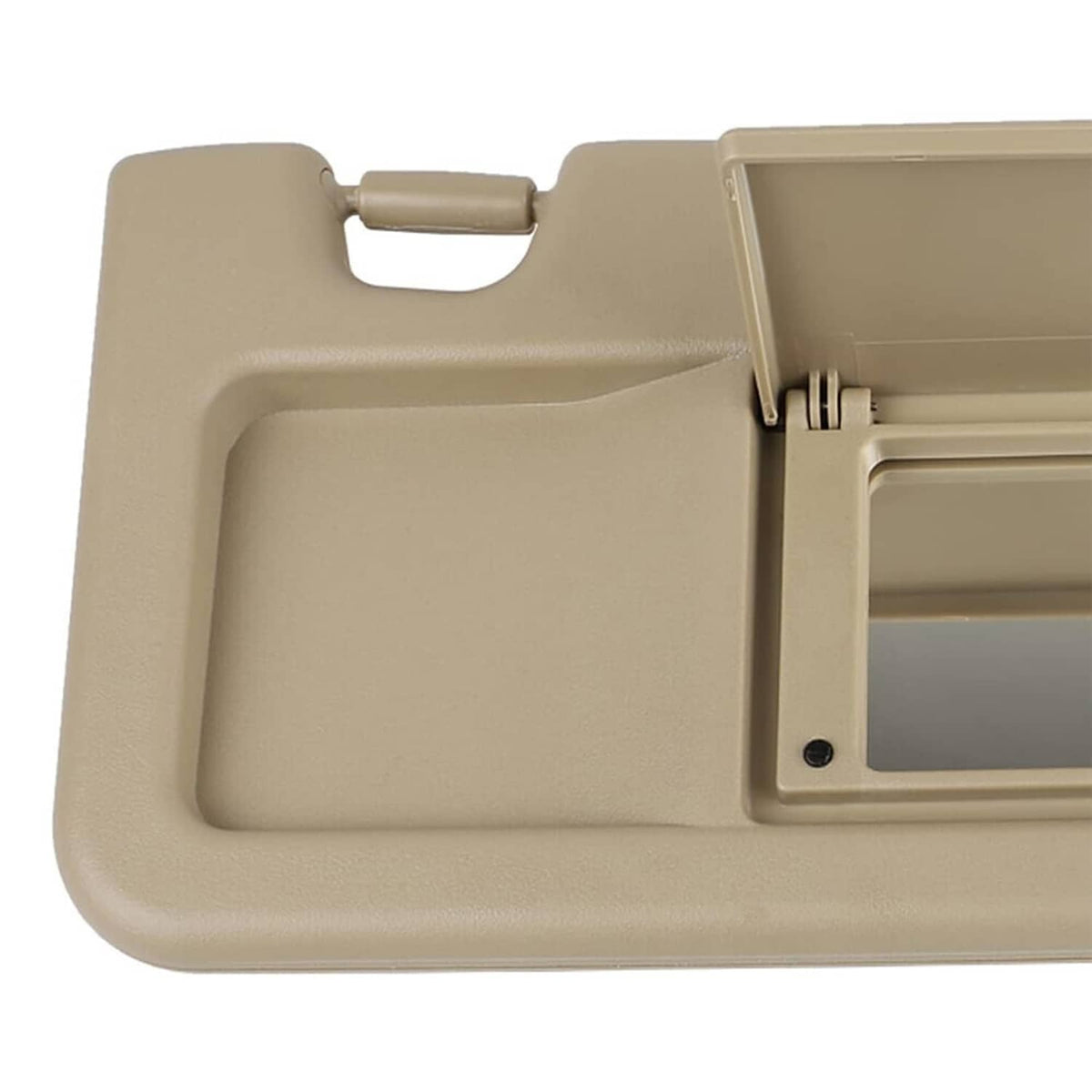 Beige sun visor hinge and bracket close-up for car installation