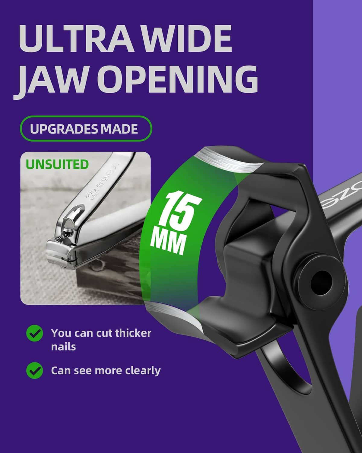 Ultra-wide jaw nail clipper with 15 mm opening for thicker nails