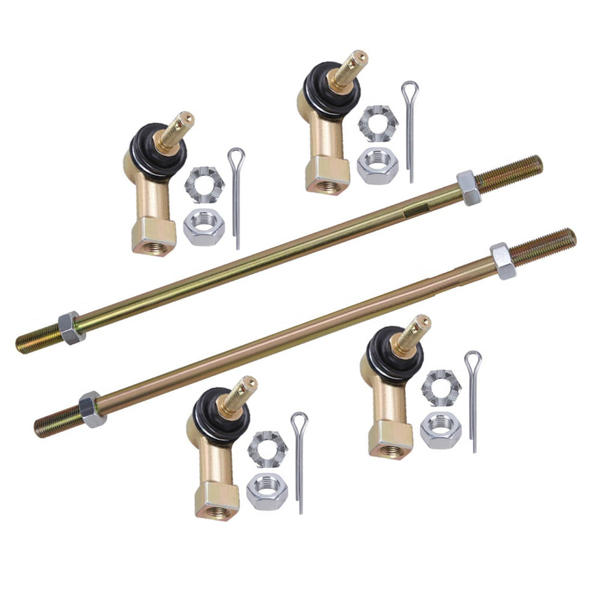 Adjustable tie rod end set with two steel rods, ball joints, nuts, and cotter pins