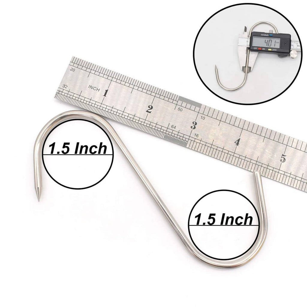 Stainless steel meat S-hook with size markings beside a ruler and digital caliper inset