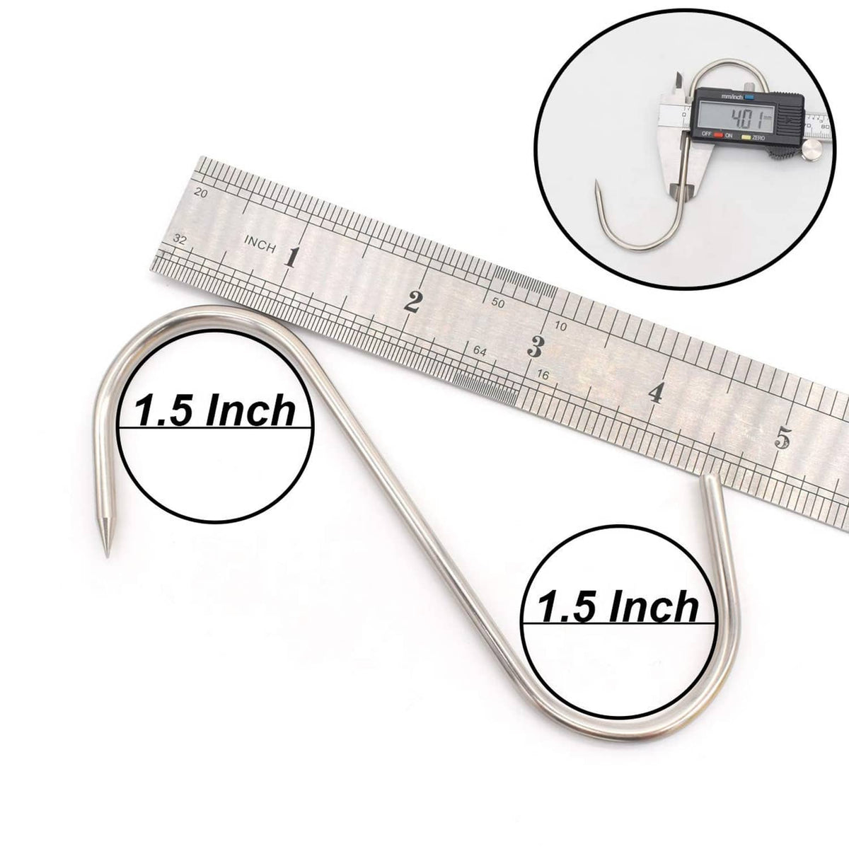 Stainless steel meat S-hook with size markings beside a ruler and digital caliper inset