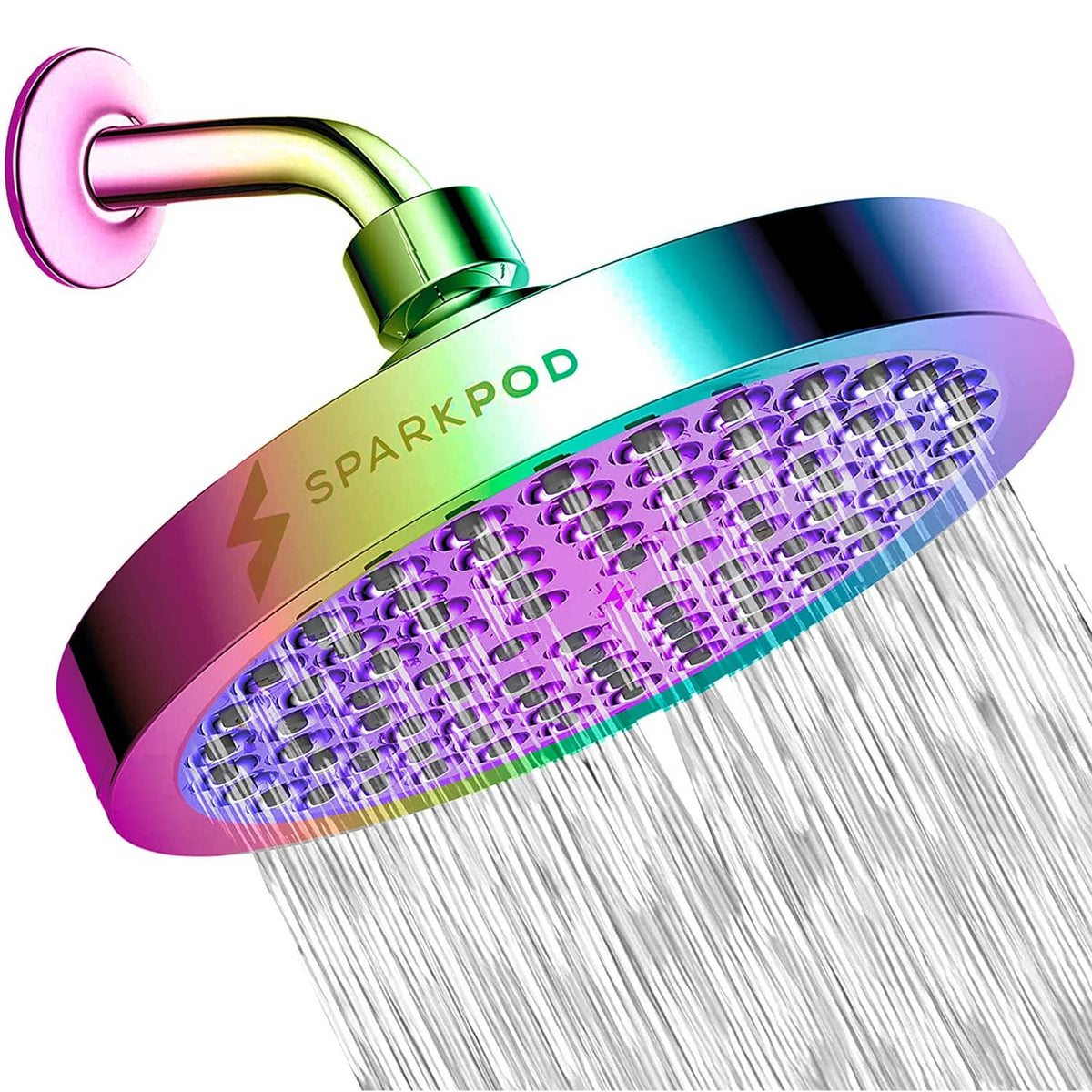 6-inch round rain shower head with rainbow finish and perforated spray face