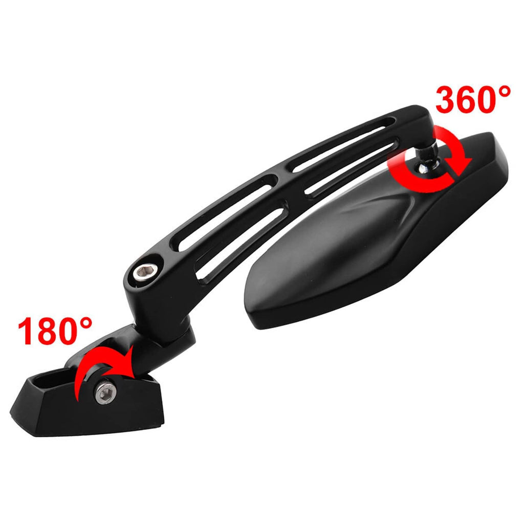 Motorcycle rearview mirror showing 180°/360° adjustable rotation with blue-tinted lens.
