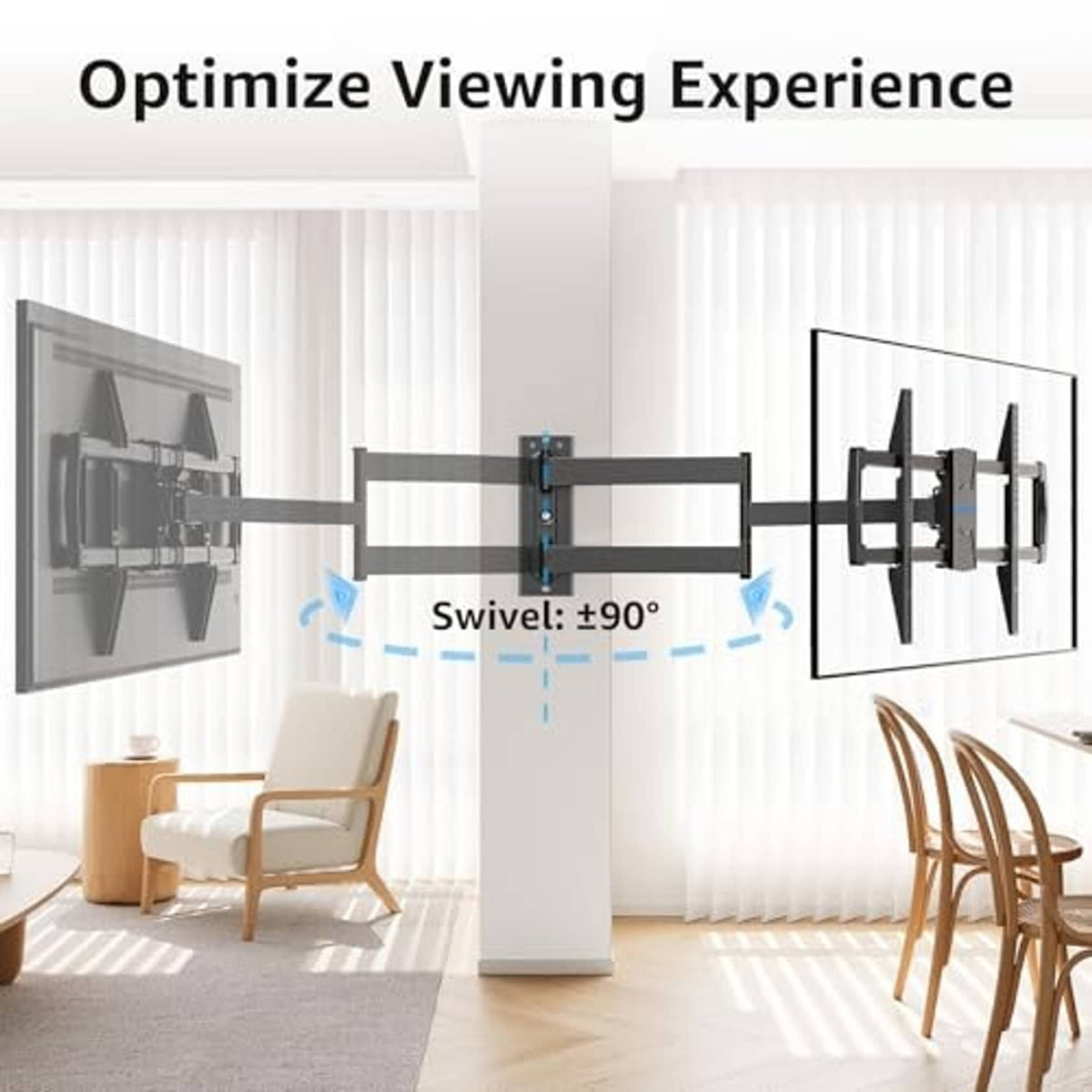 Black corner TV wall mount with swivel-style arms, centered in a corner