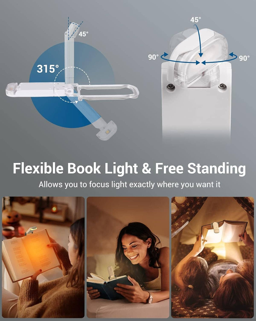 Adjustable clip book light with flexible arm and standing base, lit over an open book
