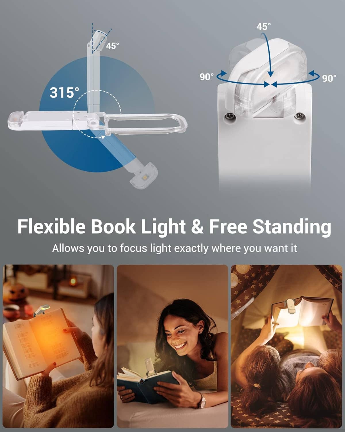 Adjustable clip book light with flexible arm and standing base, lit over an open book