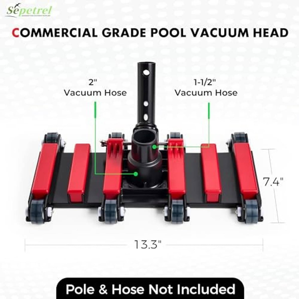 Wheeled pool vacuum head with central hose collar and red brush bars on black base