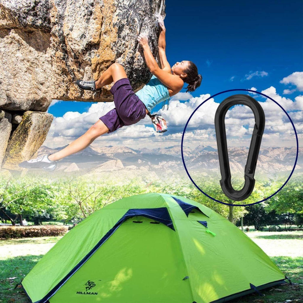 Black steel carabiner clip for outdoor camping and climbing, spring gate