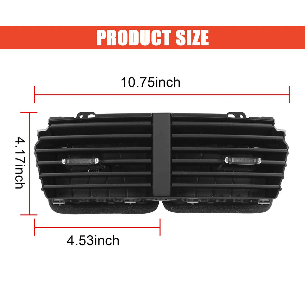 Black dual center dash air vent grille with product size diagram and bracket frame